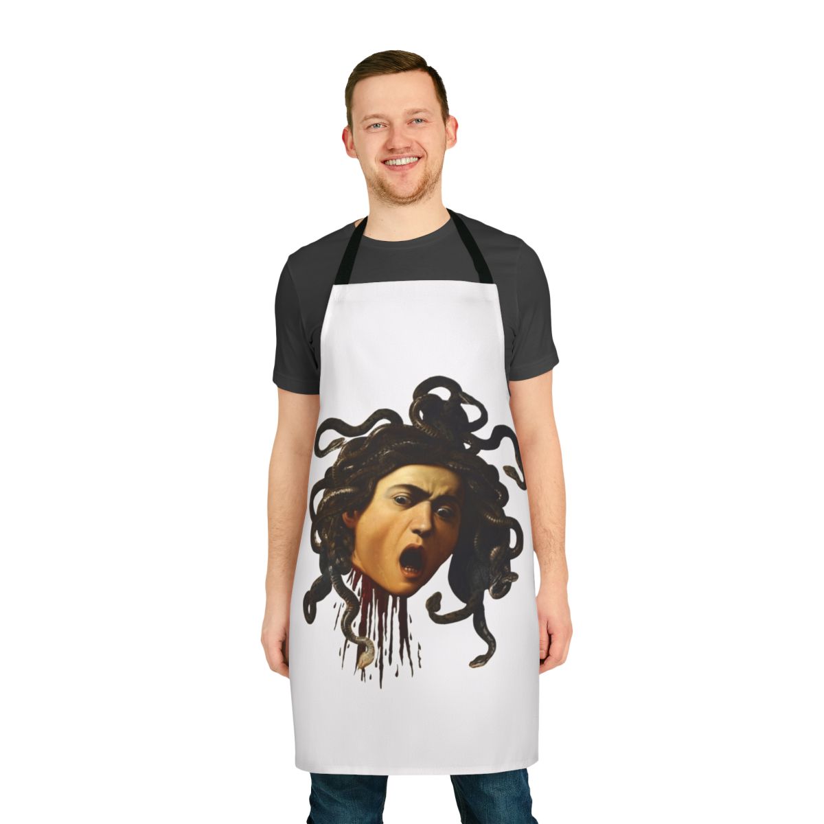 Caravaggio-inspired apron featuring the iconic Medusa head with snakes