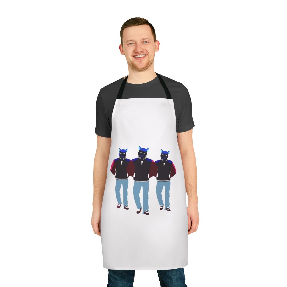Whimsical apron featuring the cat humanoid character from the Caravan Palace "Lone Digger" music video