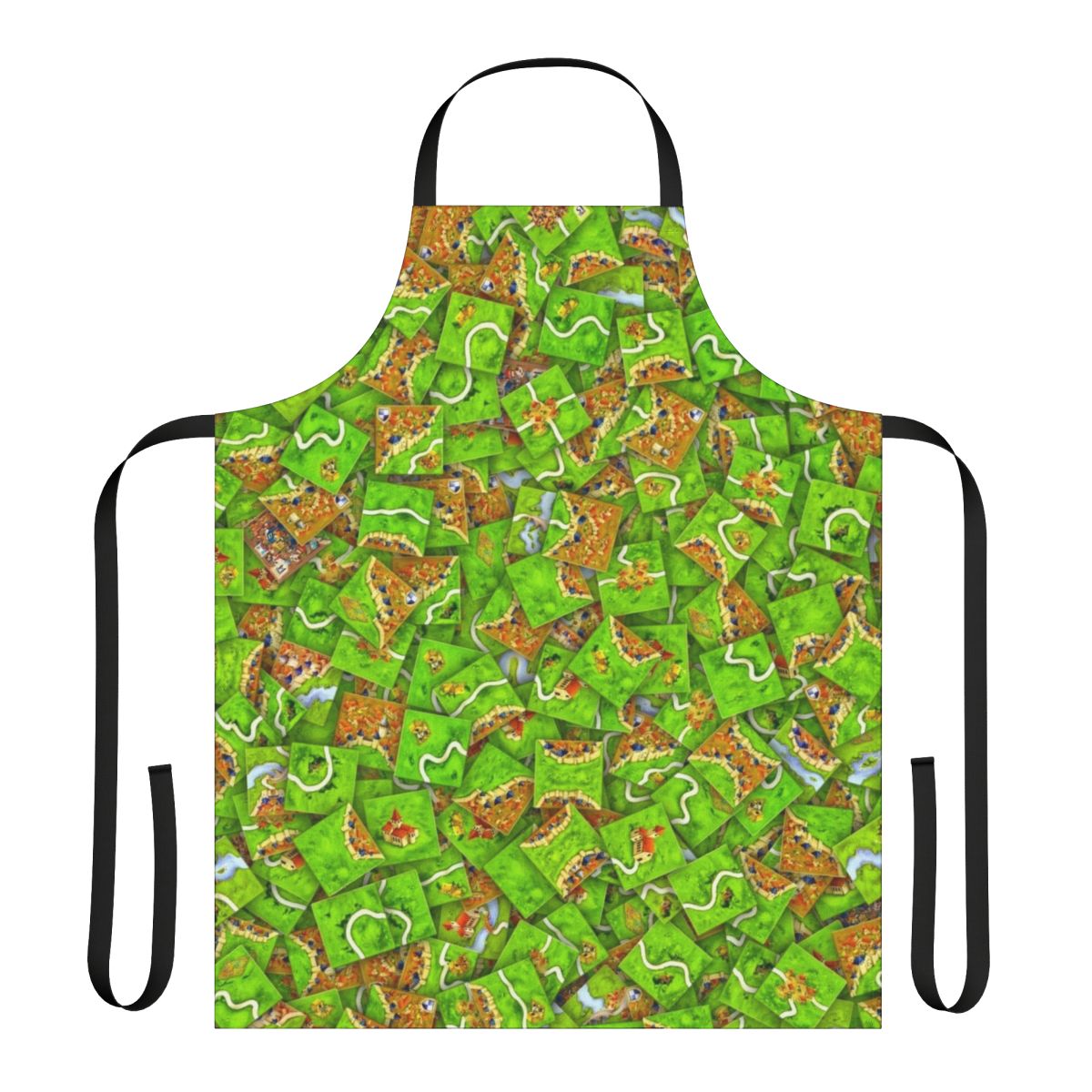 Carcassonne-themed apron featuring repeating tile and meeple patterns