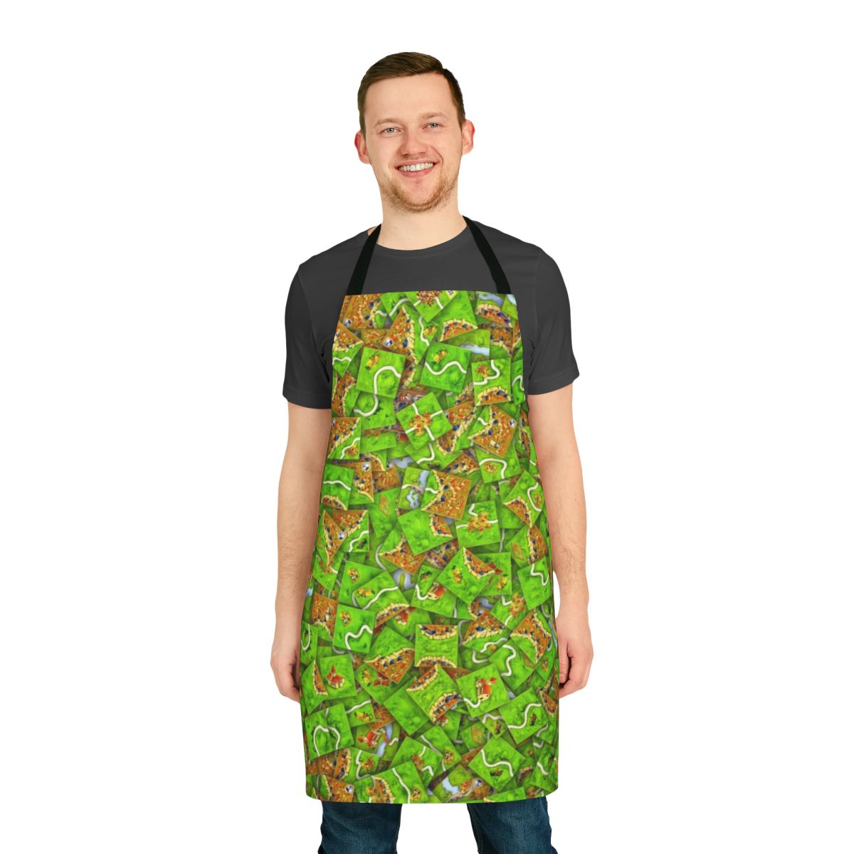 Carcassonne-themed apron featuring repeating tile and meeple patterns
