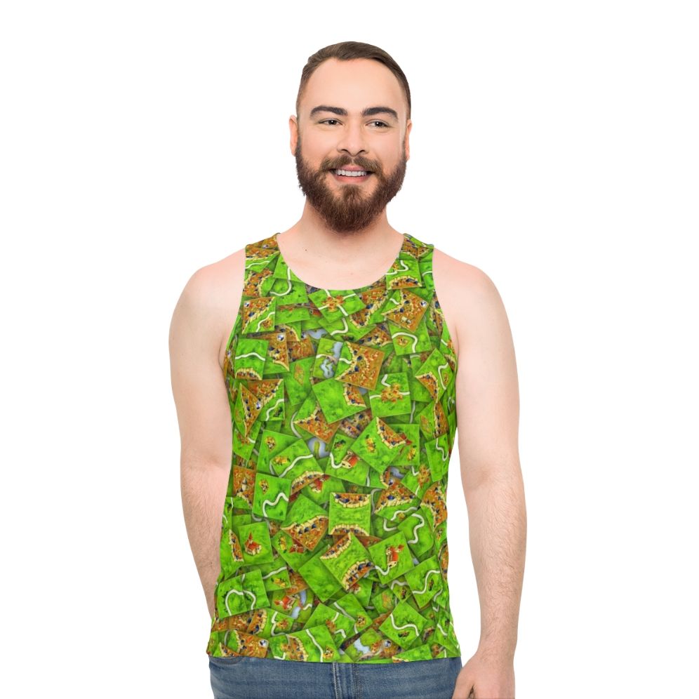 Carcassonne-inspired unisex tank top with board game graphics