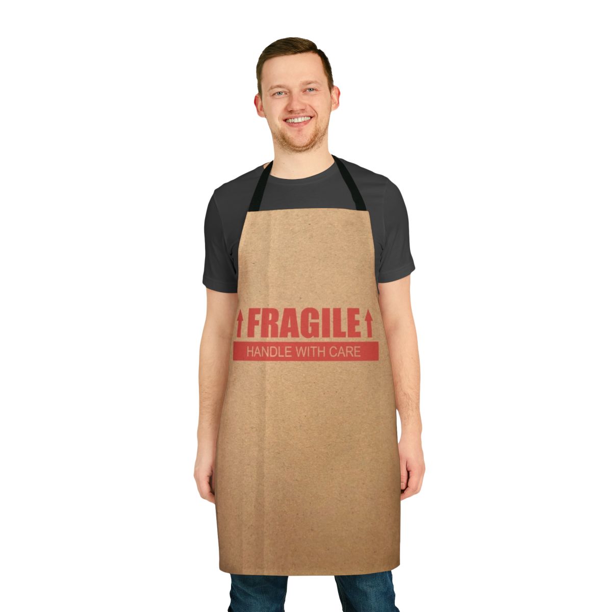 Cardboard paper box novelty protective apron with "Fragile Handle with Care" design