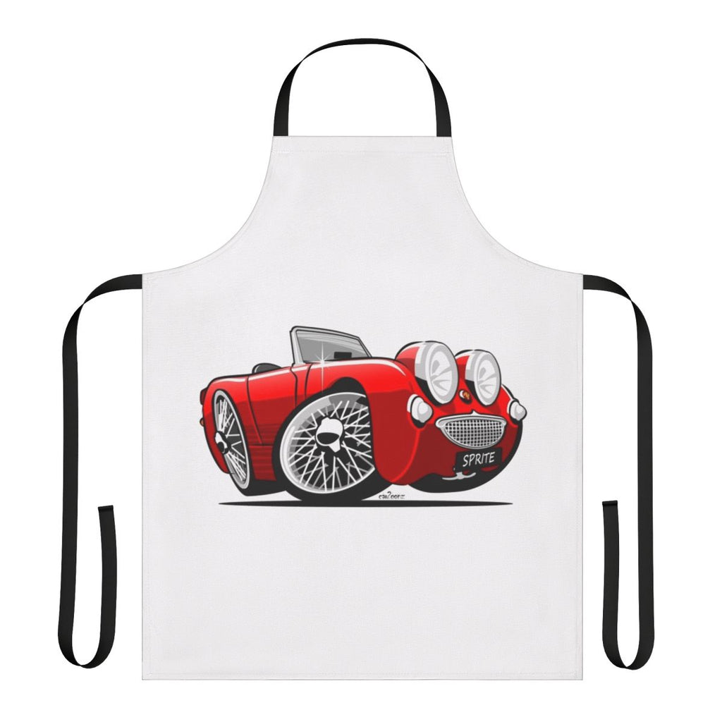 Caricature illustration of an Austin Healey Sprite sports car printed on a red apron