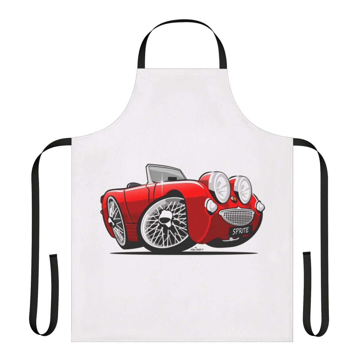 Caricature illustration of an Austin Healey Sprite sports car printed on a red apron
