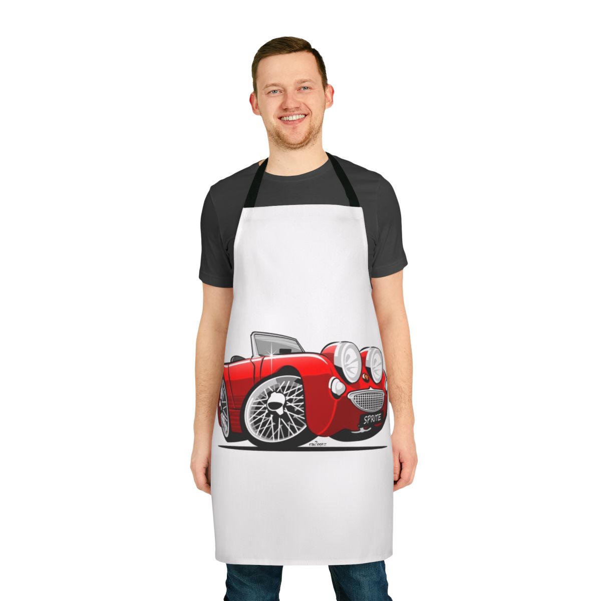 Caricature illustration of an Austin Healey Sprite sports car printed on a red apron