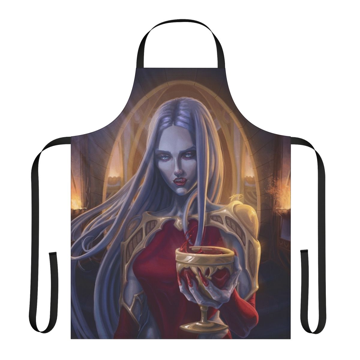 Carmilla-inspired Castlevania apron featuring a dark, gothic design with vampire and castle elements.