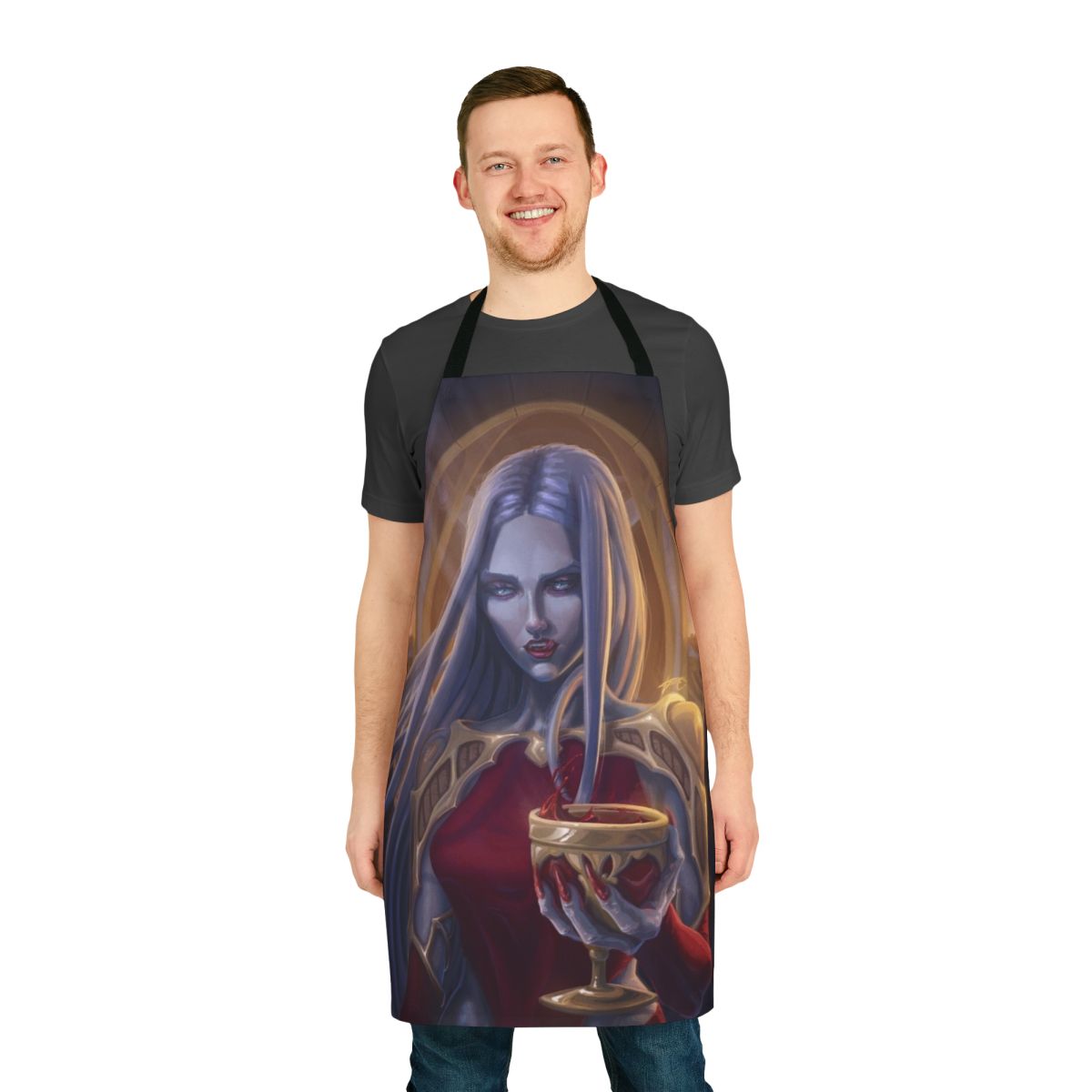 Carmilla-inspired Castlevania apron featuring a dark, gothic design with vampire and castle elements.