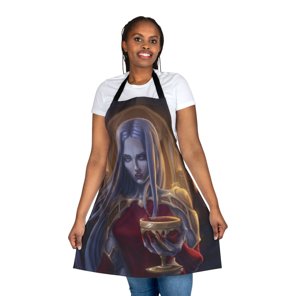 Carmilla-inspired Castlevania apron featuring a dark, gothic design with vampire and castle elements.