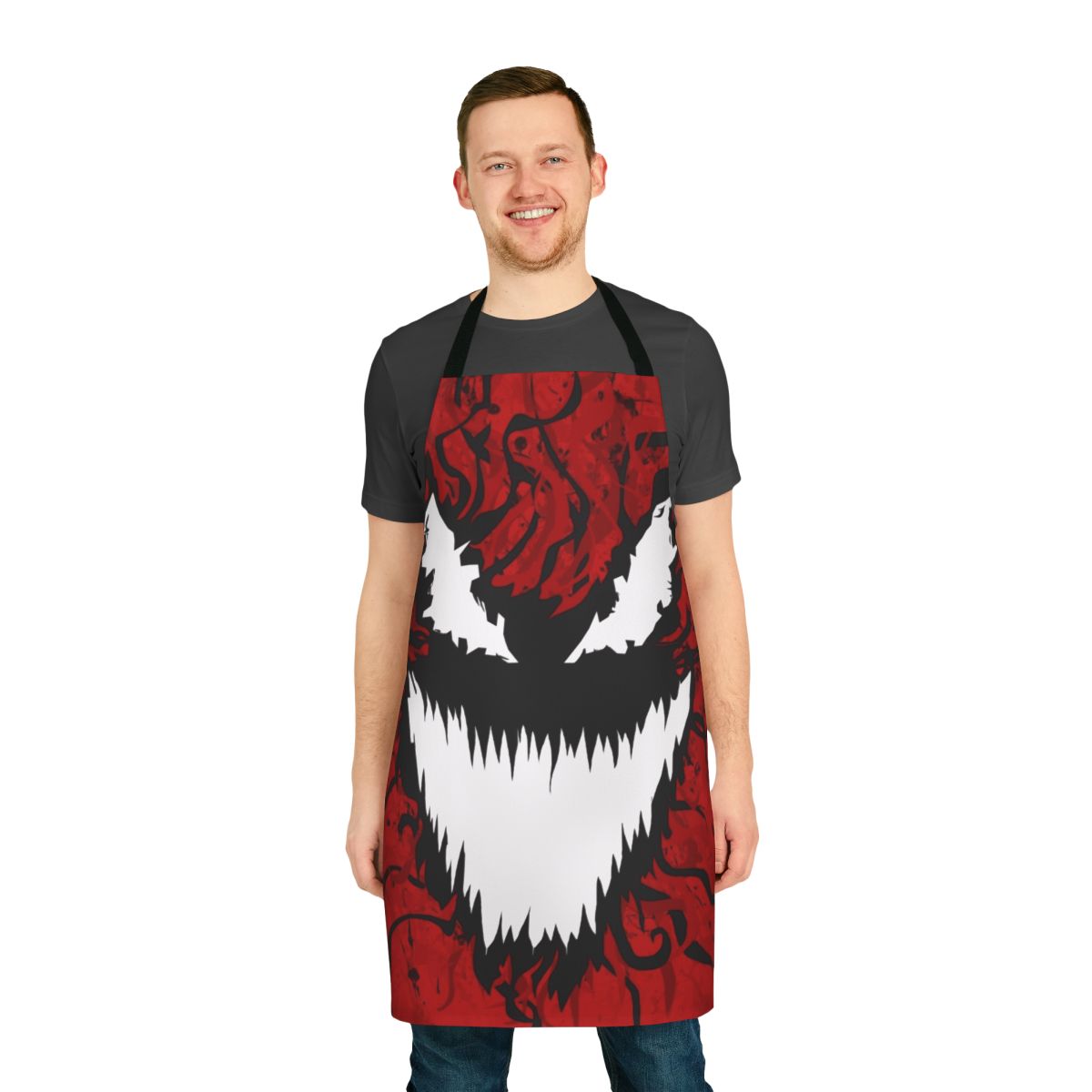 Carnage-themed apron with spider web and symbiote design