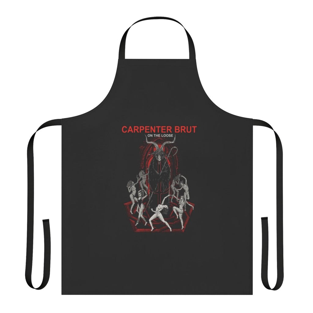 Carpenter Brut inspired retro-futuristic style apron with tropical palm trees and sunset colors