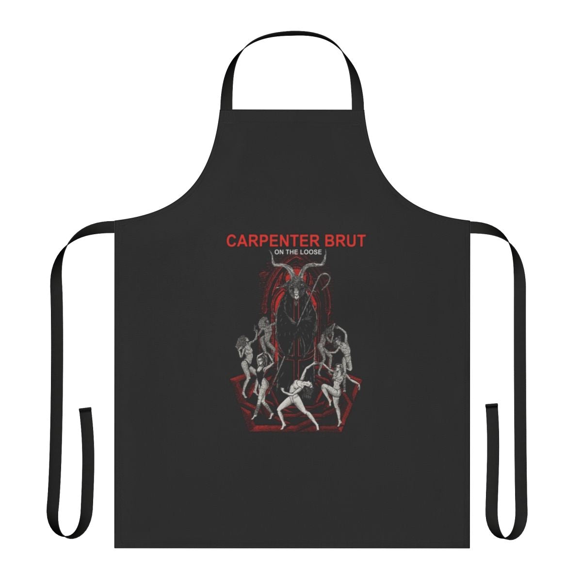 Carpenter Brut inspired retro-futuristic style apron with tropical palm trees and sunset colors
