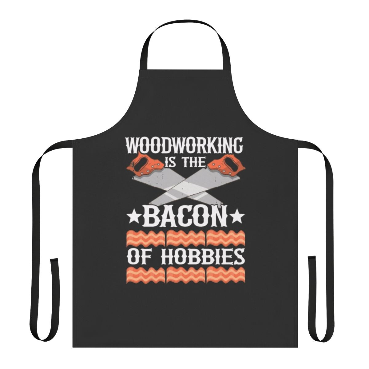 Carpenter wearing a bacon-themed apron with pockets for tools