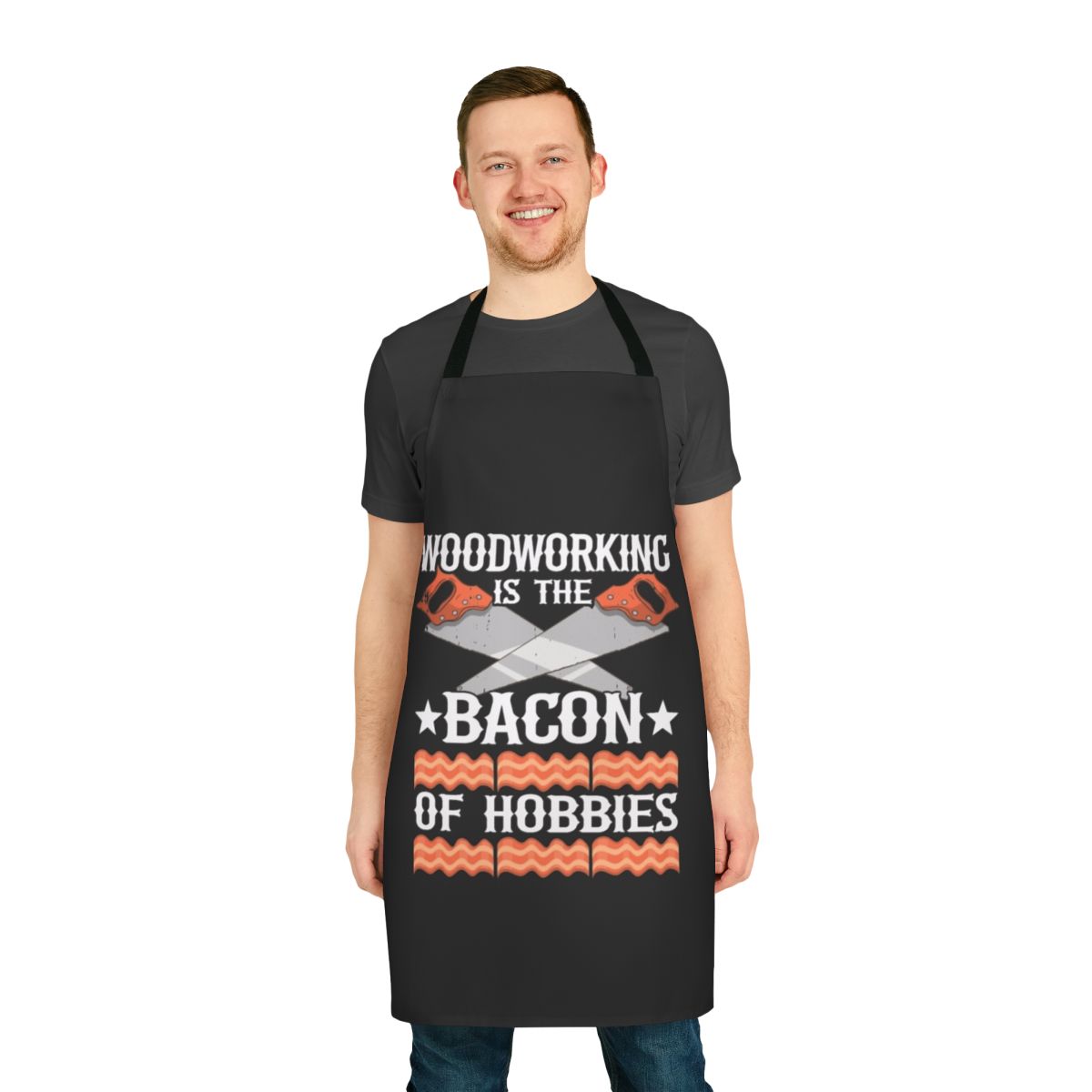 Carpenter wearing a bacon-themed apron with pockets for tools