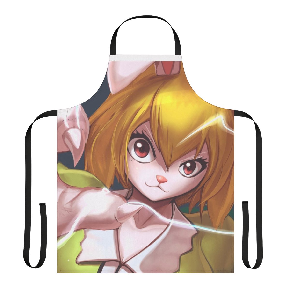 A colorful, one-piece apron featuring a carrot design with anime-inspired bunny or rabbit motifs