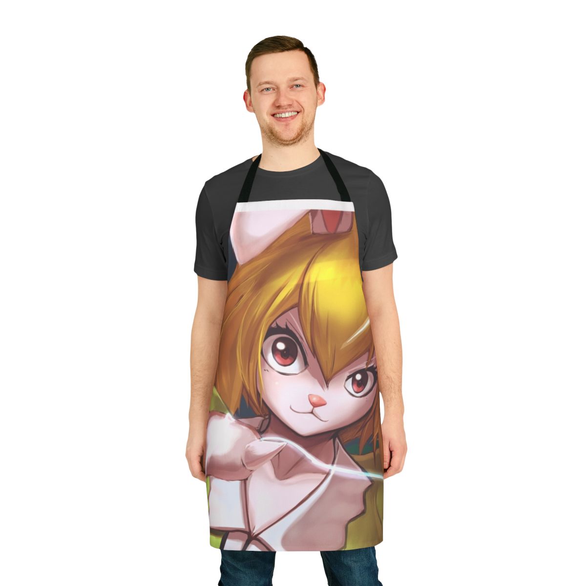 A colorful, one-piece apron featuring a carrot design with anime-inspired bunny or rabbit motifs