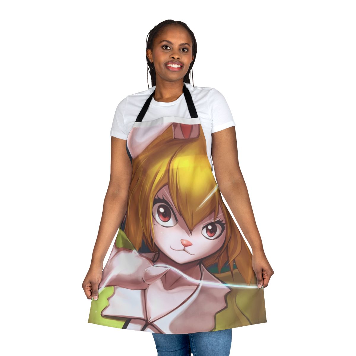 A colorful, one-piece apron featuring a carrot design with anime-inspired bunny or rabbit motifs