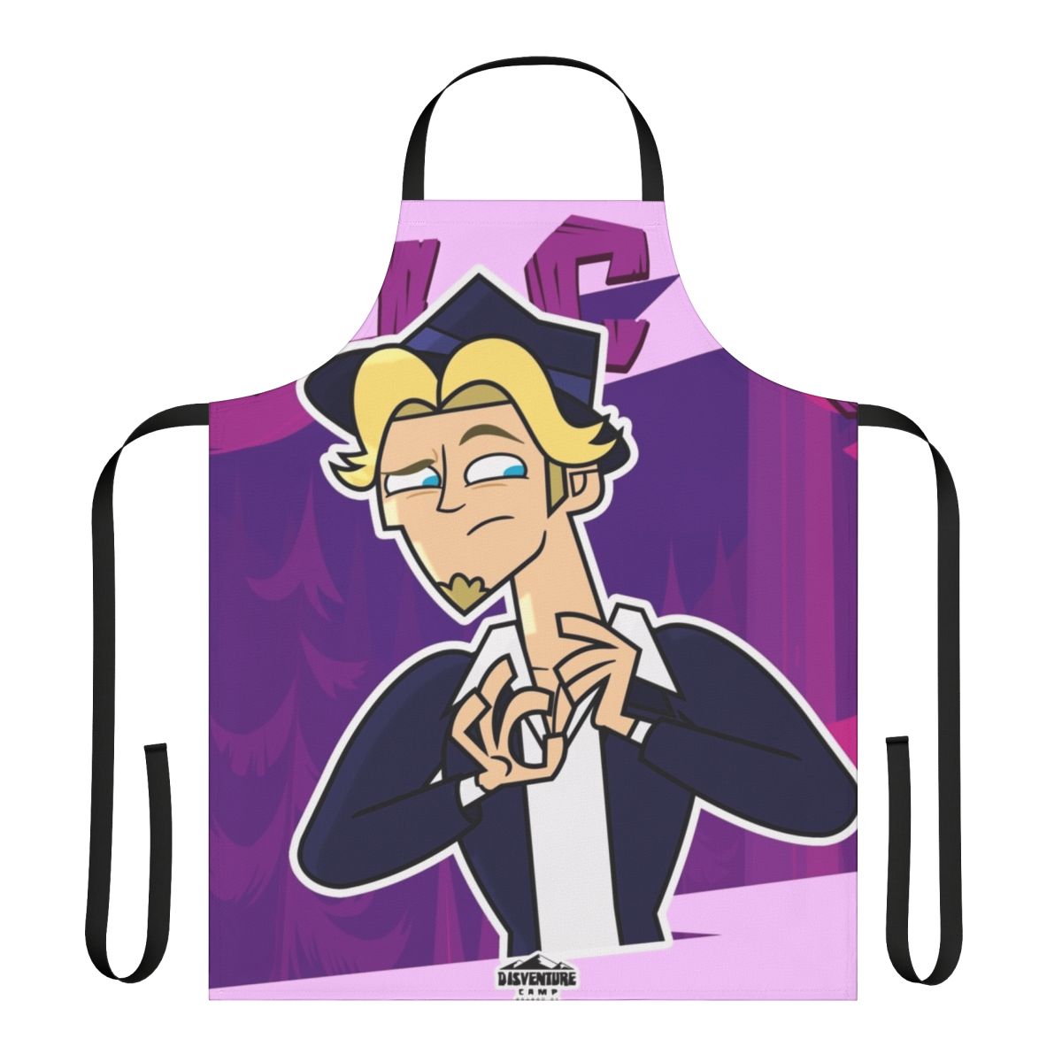 Colorful adventure camp-themed cooking apron featuring cartoon characters