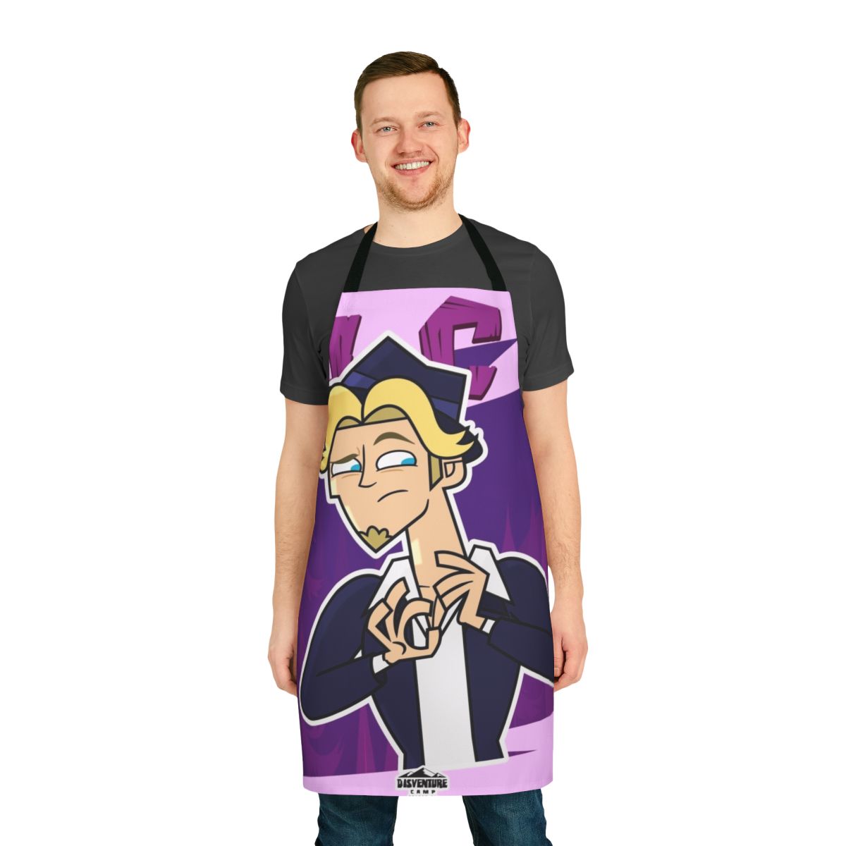 Colorful adventure camp-themed cooking apron featuring cartoon characters