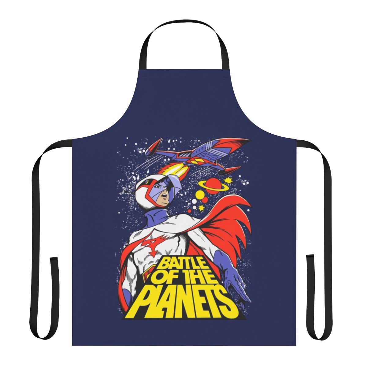 Bright and colorful cartoon battle of the planets design printed on an apron