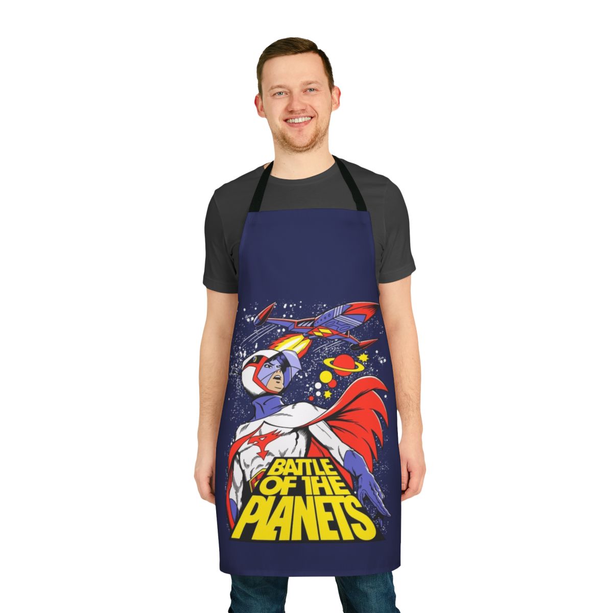 Bright and colorful cartoon battle of the planets design printed on an apron