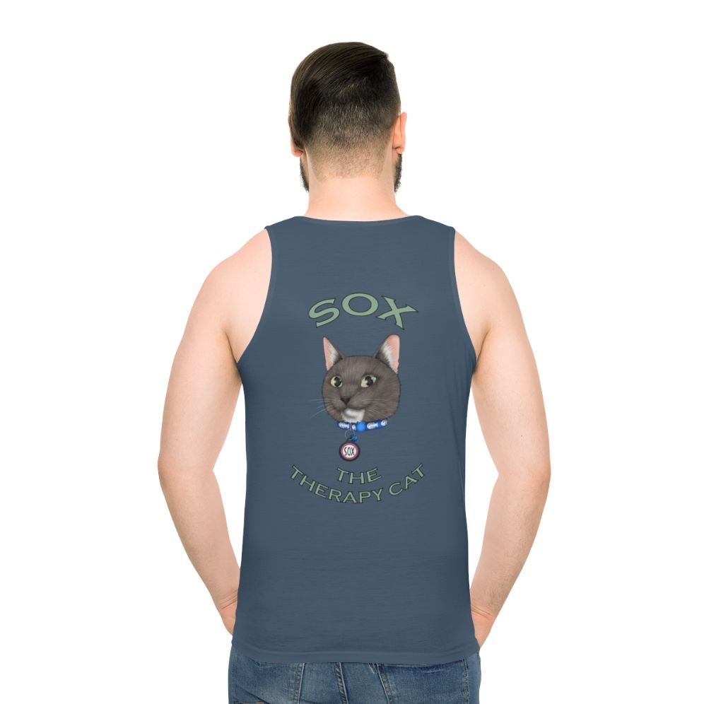 Cartoon cat graphic on a unisex tank top