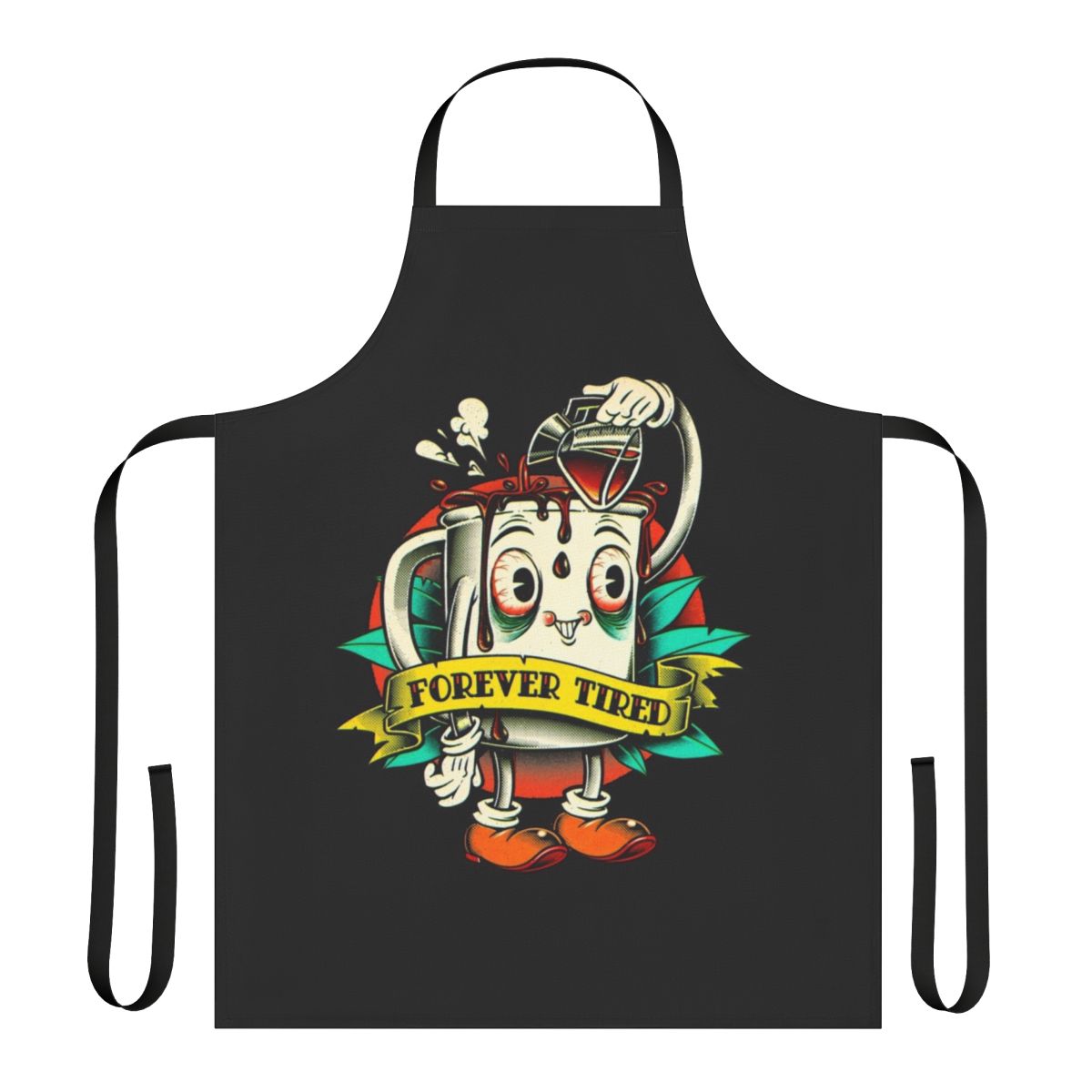 Cartoon character coffee mug apron with a vintage, funny, and retro design featuring a tired, zombie-like character and coffee-themed graphics.