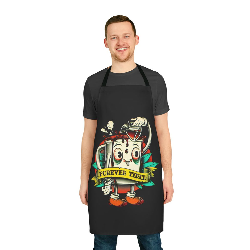 Cartoon character coffee mug apron with a vintage, funny, and retro design featuring a tired, zombie-like character and coffee-themed graphics.