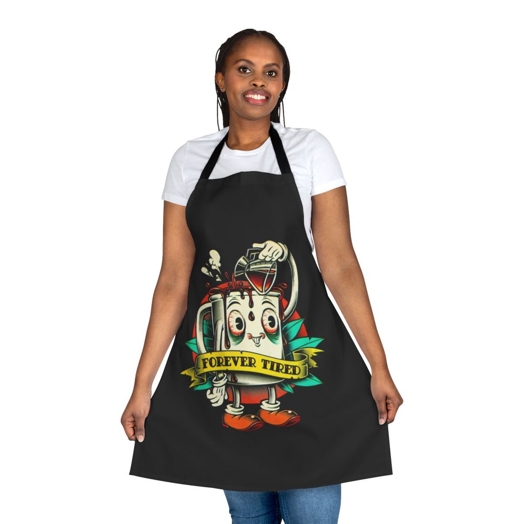 Cartoon character coffee mug apron with a vintage, funny, and retro design featuring a tired, zombie-like character and coffee-themed graphics.