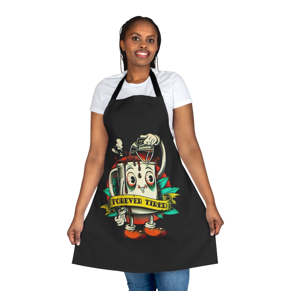 Cartoon character coffee mug apron with a vintage, funny, and retro design featuring a tired, zombie-like character and coffee-themed graphics.