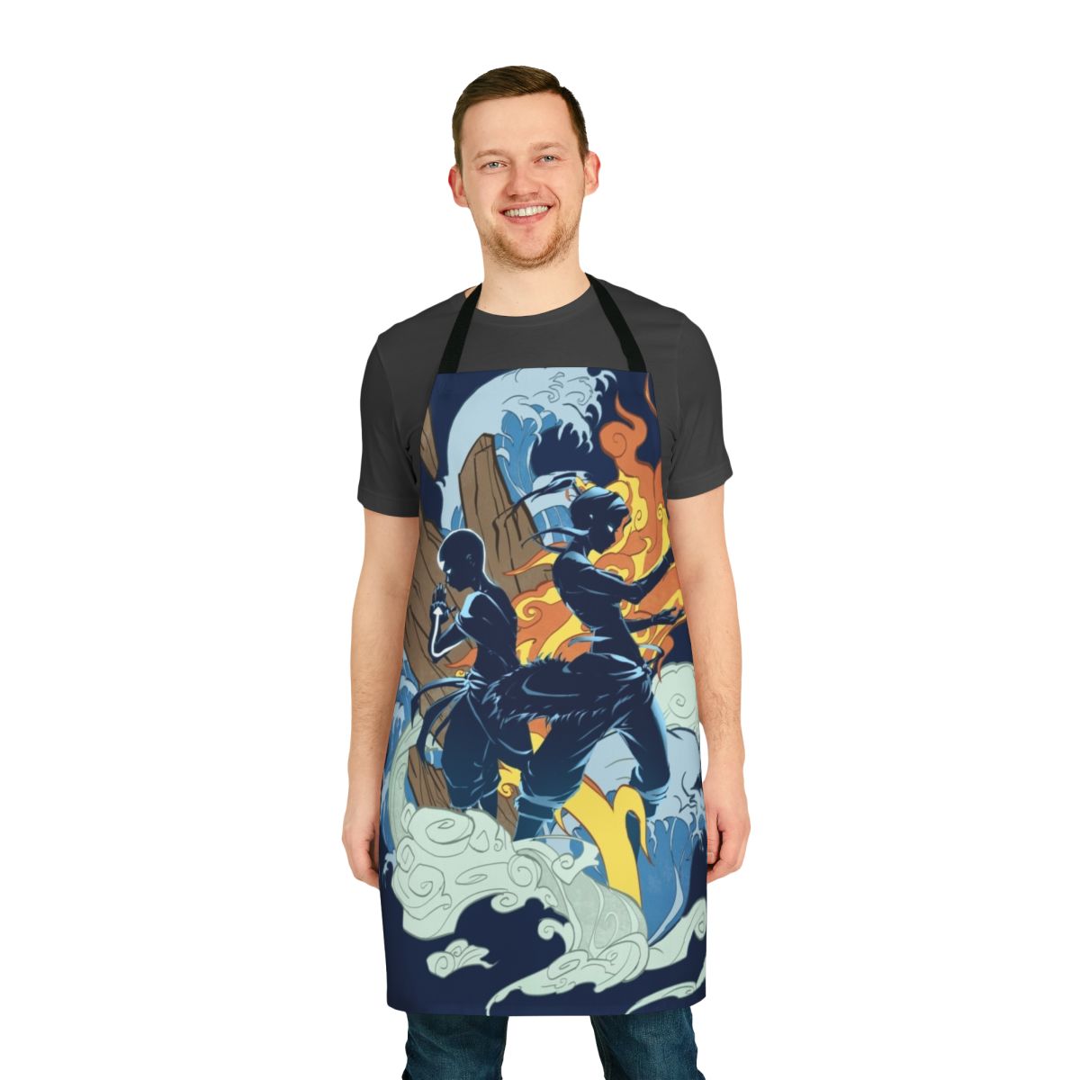 Two avatar-inspired characters on an apron