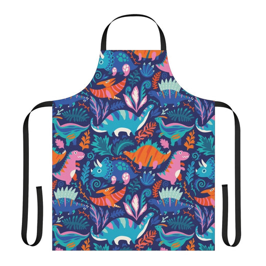 A colorful cartoon dinosaur themed apron for children
