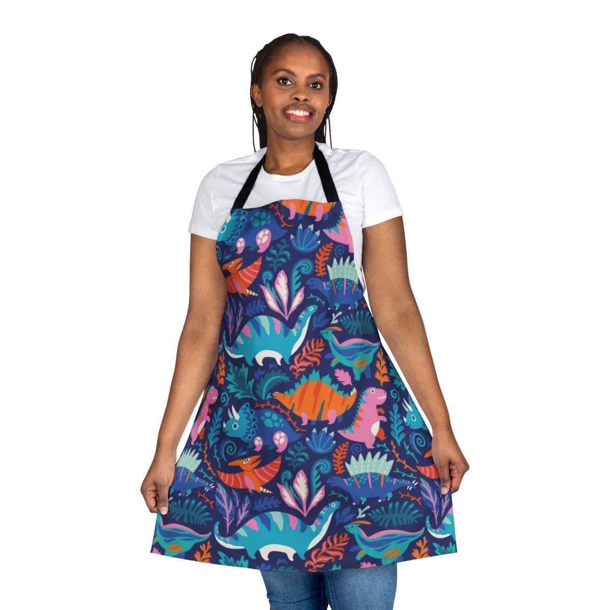 A colorful cartoon dinosaur themed apron for children