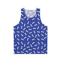 Blue and white unisex tank top with a cartoon dog bone pattern