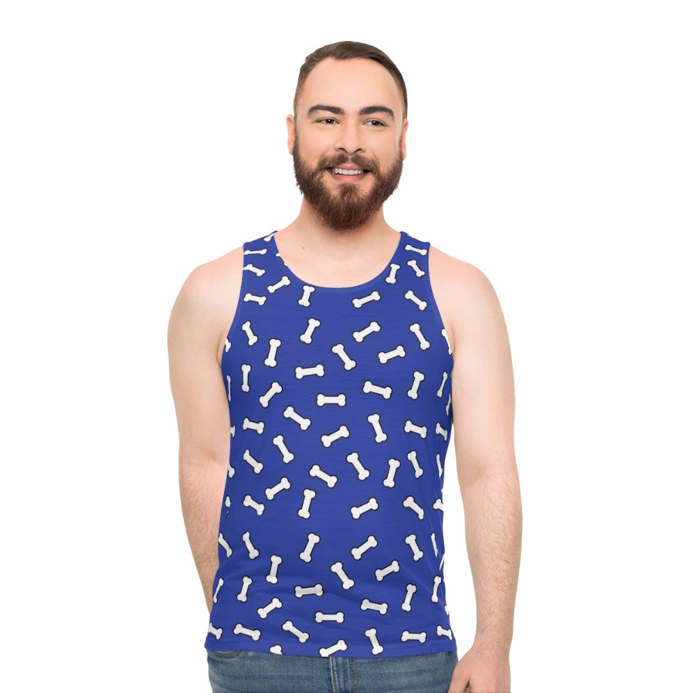 Blue and white unisex tank top with a cartoon dog bone pattern