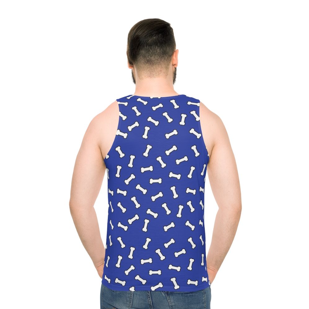Blue and white unisex tank top with a cartoon dog bone pattern