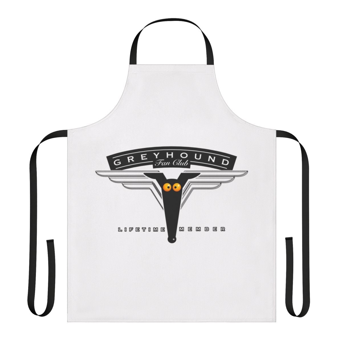 Greyhound cartoon design printed on a high-quality apron