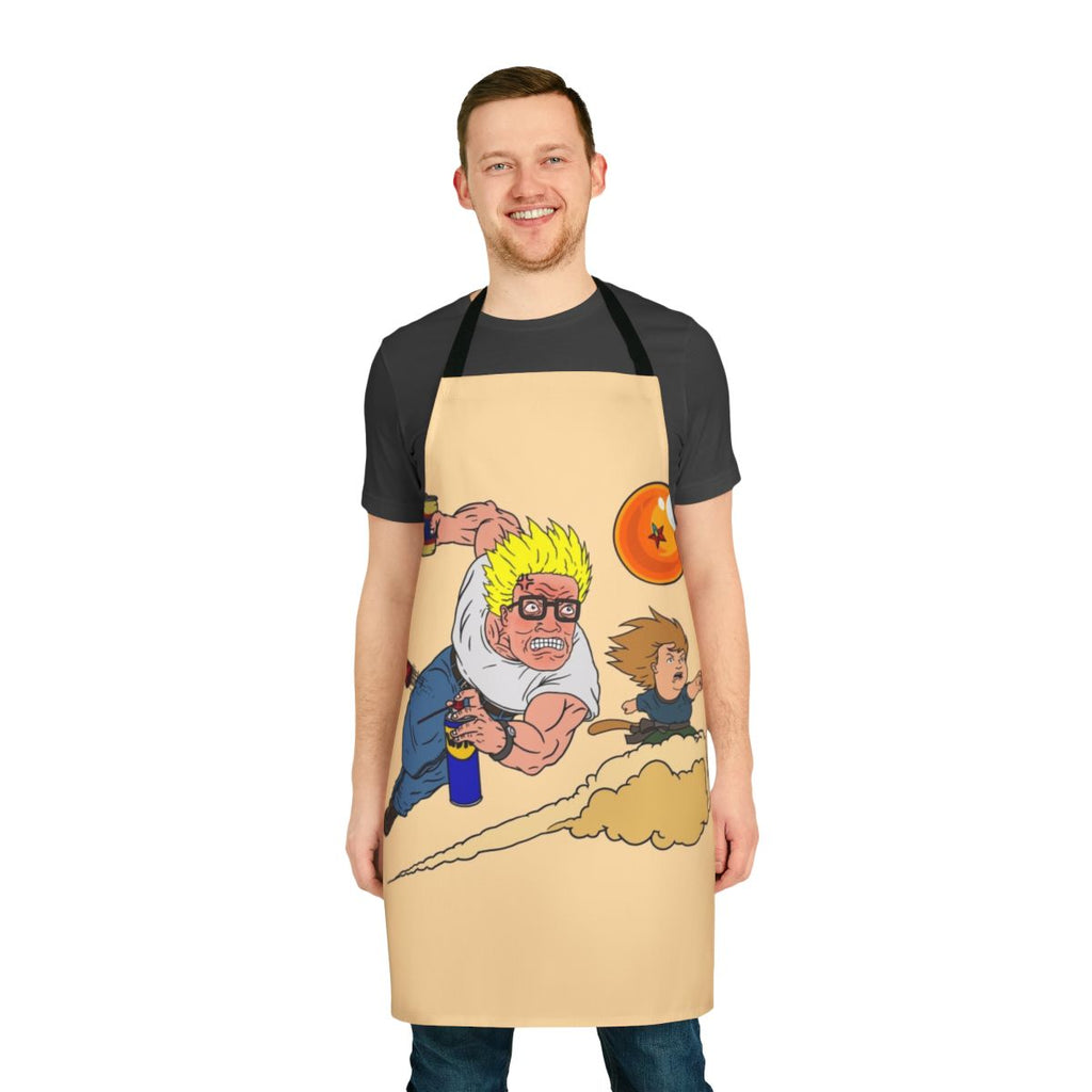 Cartoon inspired apron featuring Hank Hill from King of the Hill and characters from Dragon Ball Z