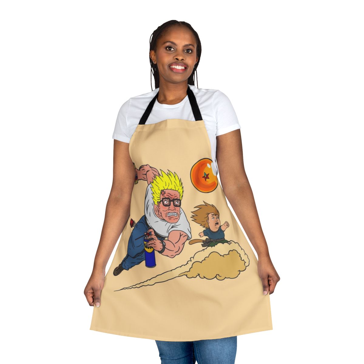 Cartoon inspired apron featuring Hank Hill from King of the Hill and characters from Dragon Ball Z