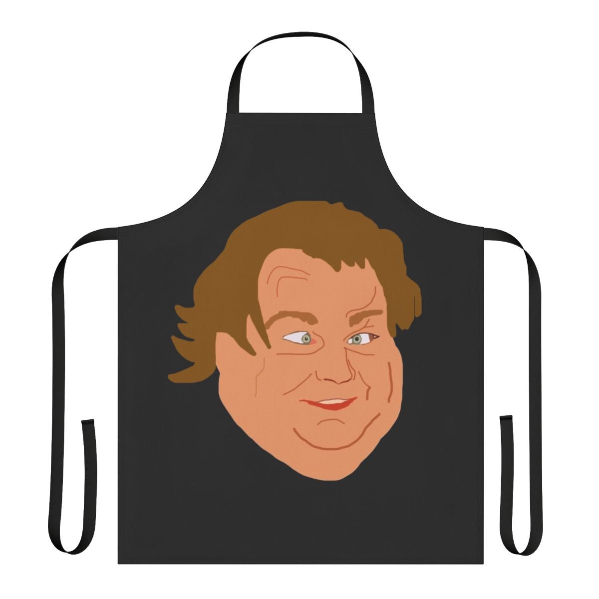 Colorful apron featuring a cartoon illustration of the late comedian Chris Farley's iconic "Matt Foley" character from Saturday Night Live.