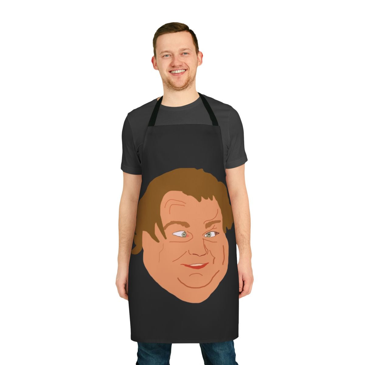 Colorful apron featuring a cartoon illustration of the late comedian Chris Farley's iconic "Matt Foley" character from Saturday Night Live.