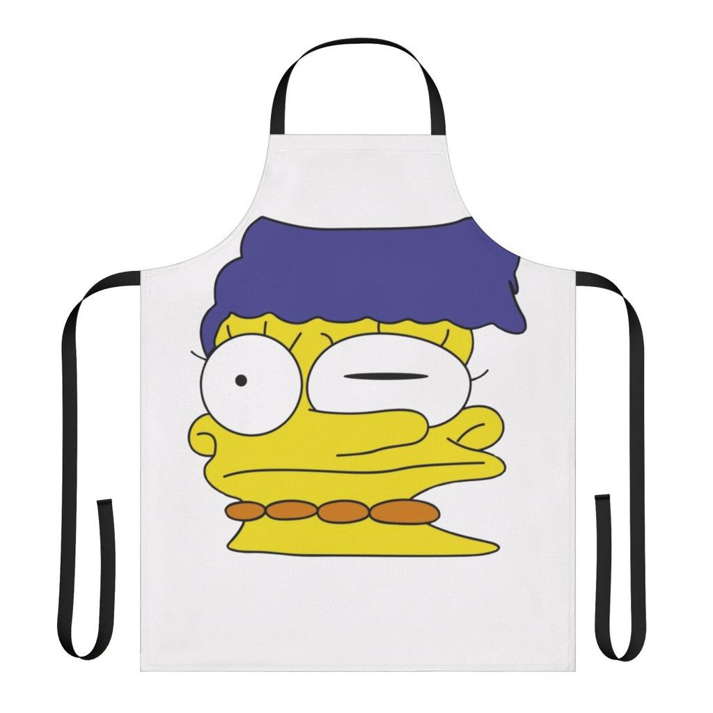 A vibrant apron featuring the iconic character Marge Simpson with her signature smeared makeup