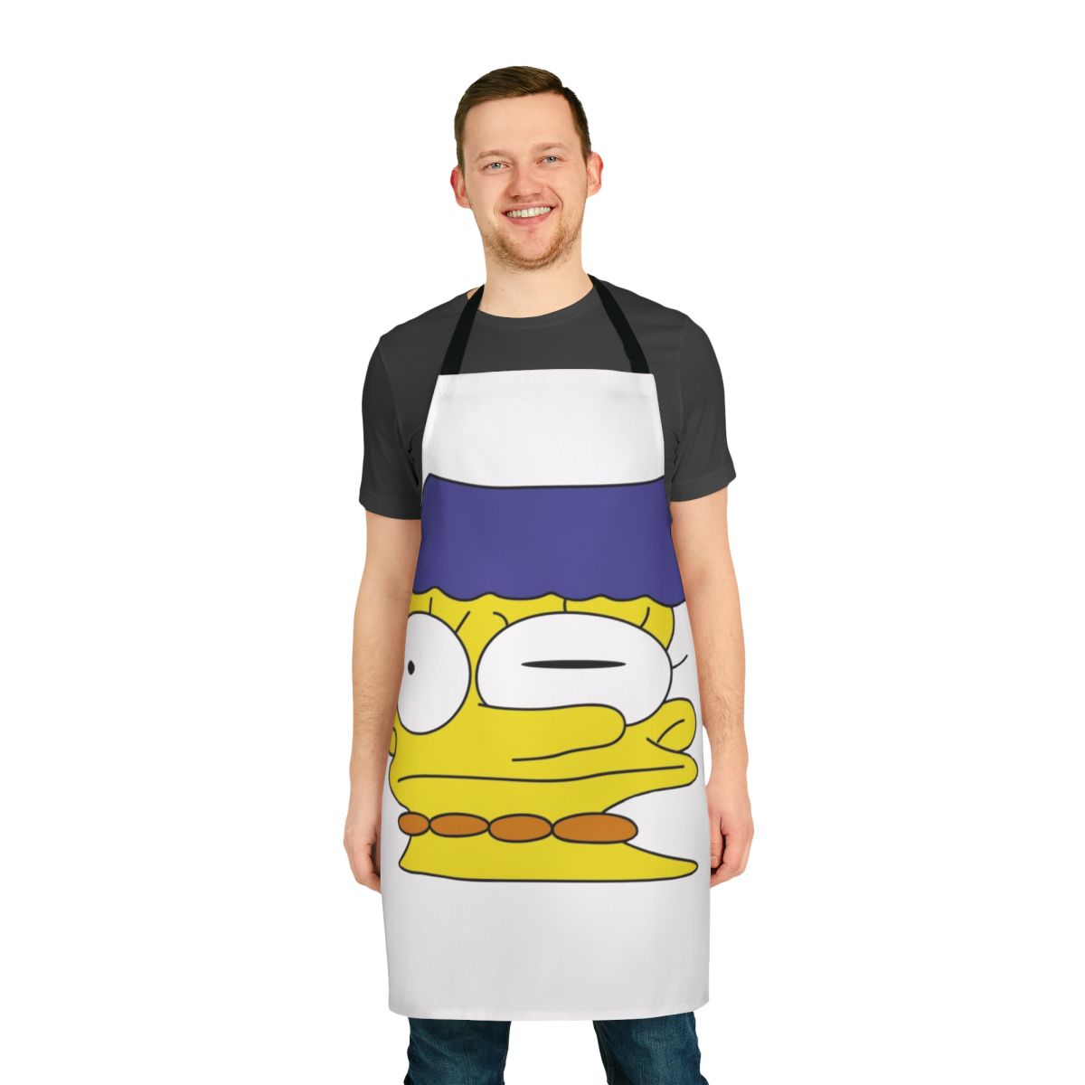 A vibrant apron featuring the iconic character Marge Simpson with her signature smeared makeup