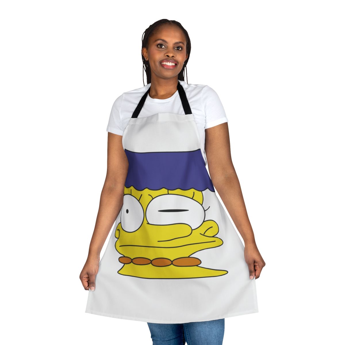 A vibrant apron featuring the iconic character Marge Simpson with her signature smeared makeup