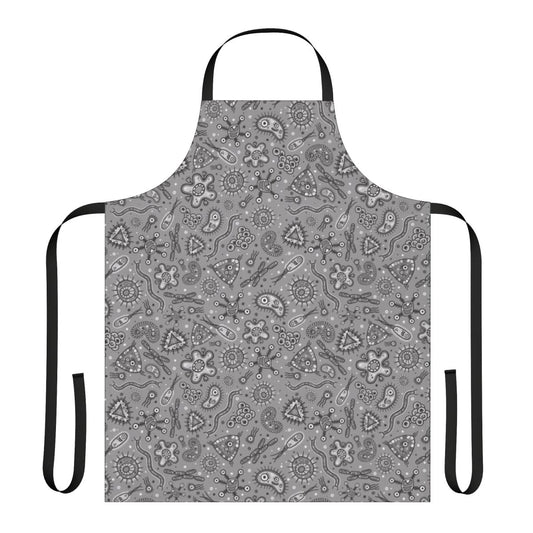 Cartoon microbes pattern printed on a grey or gray apron