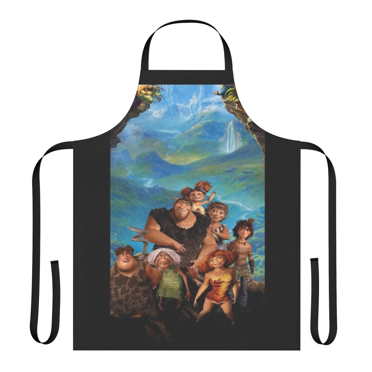 The Croods A New Age themed apron with cartoon characters Grug, Eep, Guy, Ugga, Thunk, Sandy, and Gran