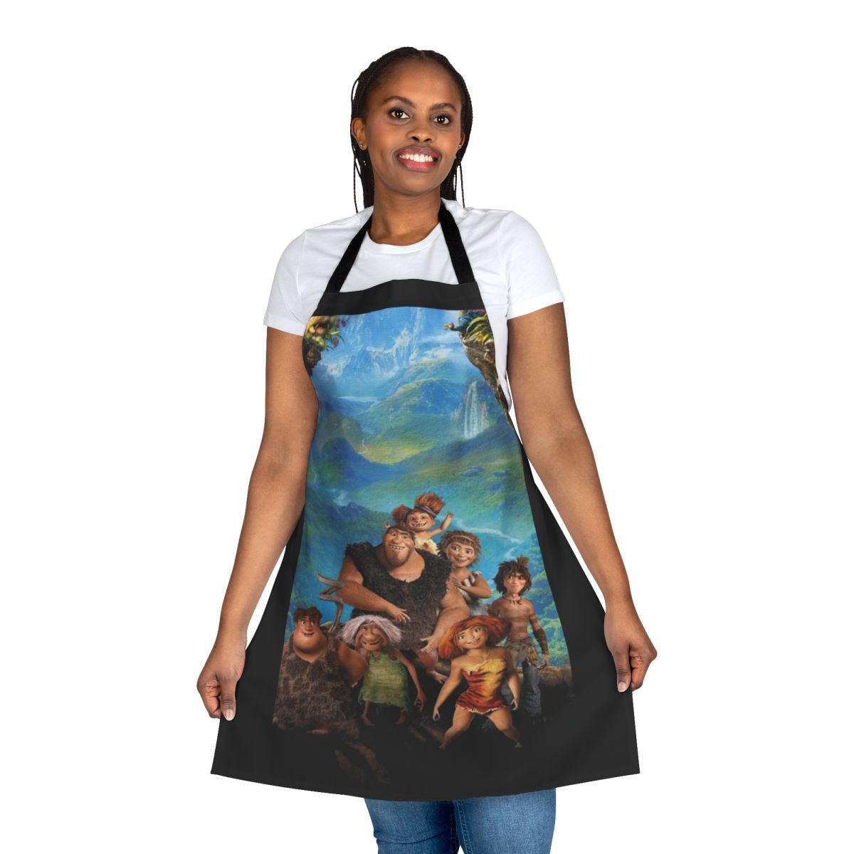 The Croods A New Age themed apron with cartoon characters Grug, Eep, Guy, Ugga, Thunk, Sandy, and Gran