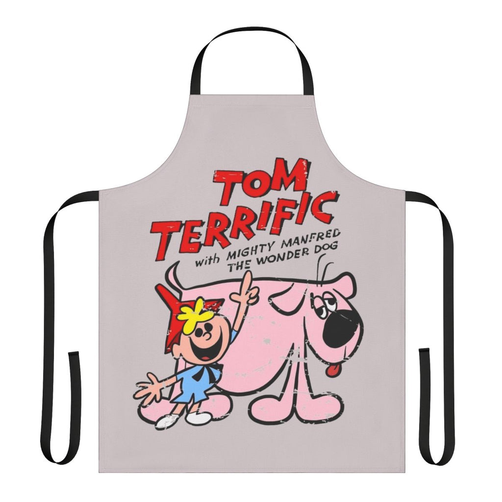 Cartoon-themed retro TV apron featuring Tom Terrific, Manfred, and Wonder Dog characters