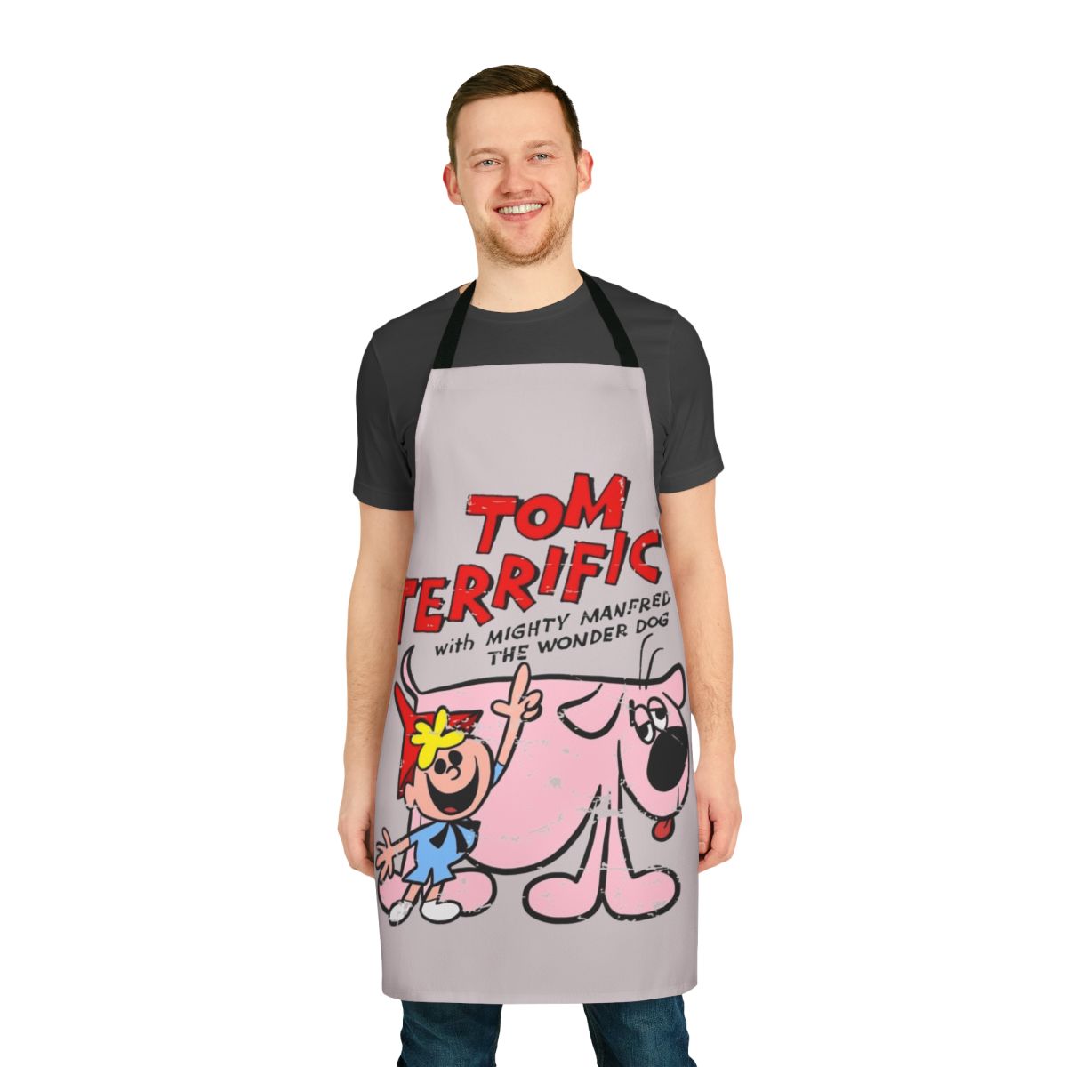 Cartoon-themed retro TV apron featuring Tom Terrific, Manfred, and Wonder Dog characters