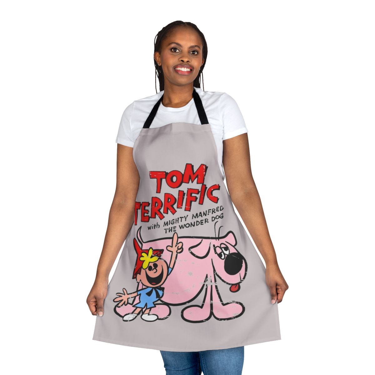 Cartoon-themed retro TV apron featuring Tom Terrific, Manfred, and Wonder Dog characters