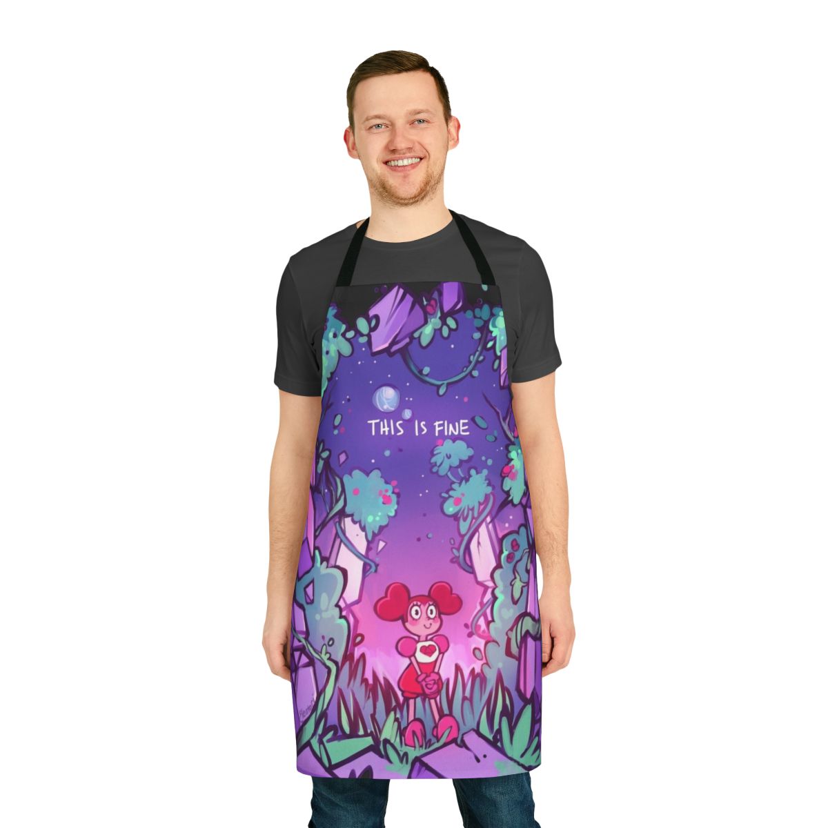 Cartoon-style "This Is Fine" apron featuring characters from the Steven Universe series